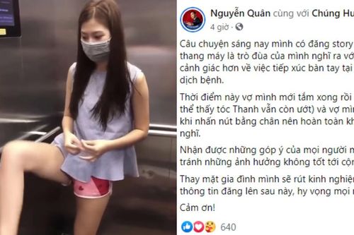 Vợ chồng Huyền Thanh - Jay Quân xin lỗi sau khi bị chỉ trích vì dùng chân bấm thang máy