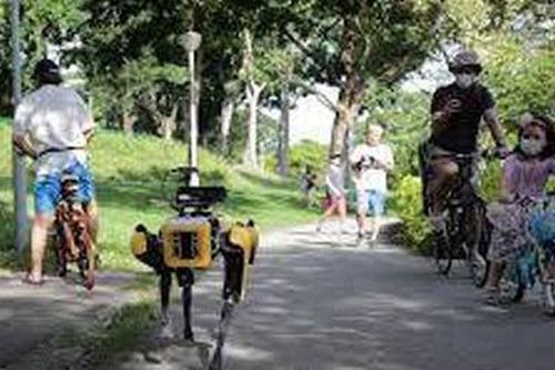 Robot 4 chân nhắc nhở mọi người phòng dịch COVID-19