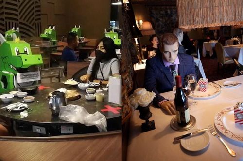 Nhà hàng mở cửa lại - khách đội mũ giãn cách, ngồi ăn với mannequin