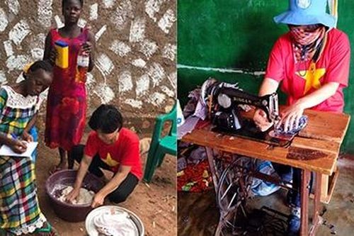 Nữ chiến sĩ mũ nồi xanh may khẩu trang ở Trung Phi