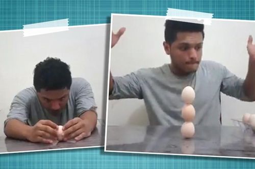 Lập kỷ lục thế giới bằng cách xếp 3 quả trứng đứng lên nhau, tạo thành 'tháp trứng'