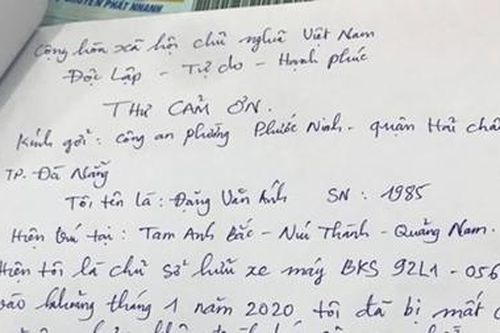 Viết thư cảm ơn Công an giúp tìm được xe máy bị mất cắp