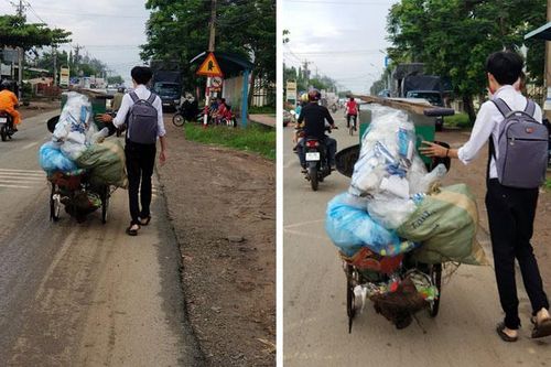 Nam sinh giúp cụ ông đẩy xe phế liệu lên dốc nhận 'mưa' lời khen từ dân mạng