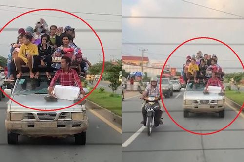 Gia đình 18 người ngồi trên nóc ôtô đi hóng mát