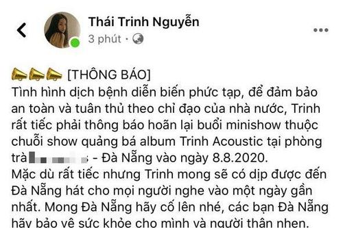Ca sĩ Thái Trinh hủy show tại Đà Nẵng vì dịch covid-19