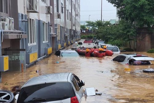 Xe hơi 'bơi' giữa biển nước đục ngầu tại thành phố Hàn Quốc