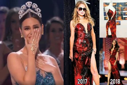 Sau 2 năm càn quét, váy núi lửa phun trào của Catriona Gray bất ngờ bị tố đạo nhái 'gái hư' Paris Hilton