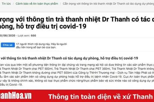 Cẩn trọng với thông tin trà thanh nhiệt Dr Thanh có tác dụng dự phòng, hỗ trợ điều trị COVID-19