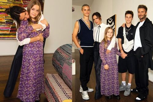 Harper Beckham bị fan chê già như bà thím khi diện váy tím mẹ Victoria thiết kế