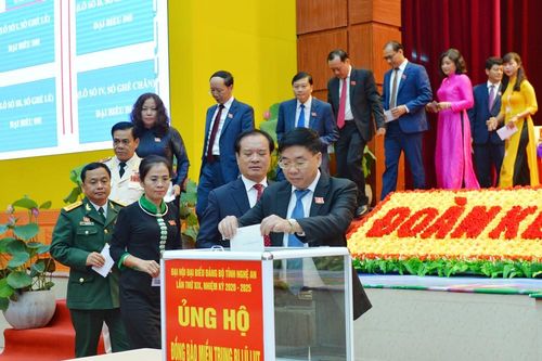 Các đại biểu dự Đại hội Đảng bộ tỉnh Nghệ An quyên góp ủng hộ đồng bào miền Trung