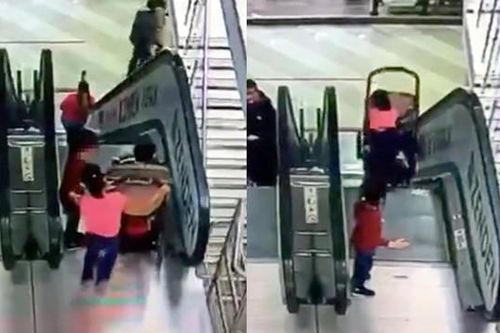 Kinh hoàng khoảnh khắc 2 em nhỏ lộn nhào xuống thang cuốn, do chị đẩy xe nôi cho em