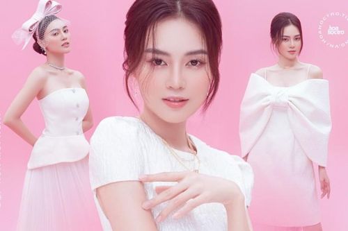Với 2 tông màu trắng hồng, Lan Ngọc xinh đẹp dịu dàng trong các thiết kế kiểu dáng mới lạ