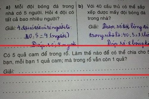Bài toán lớp 2 gây tranh cãi dữ dội: Chia đều 5 quả cam cho 5 bạn, mỗi người 1 quả nhưng trong rổ phải còn 1 quả?