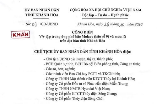 Công điện khẩn của UBND tỉnh Khánh Hòa tập trung ứng phó với bão số 9