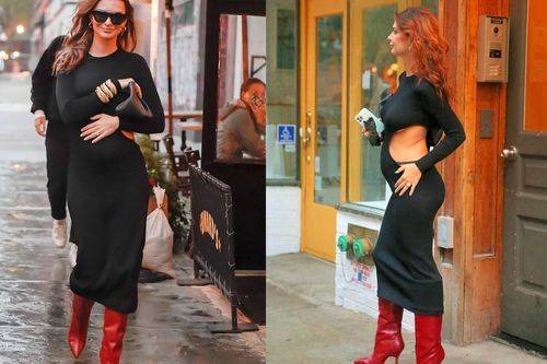 Thiên thần nội y Emily Ratajkowski diện váy đen cut-out lộ vòng 1 khoe bụng bầu tròn xoe