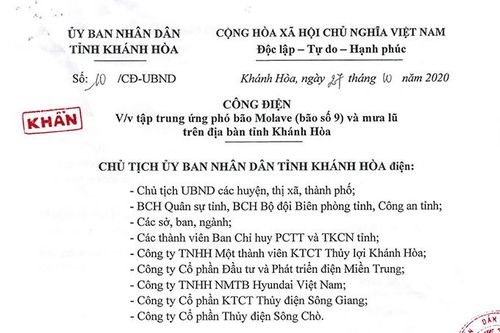 Công điện khẩn tập trung ứng phó với bão số 9 trên địa bàn tỉnh Khánh Hòa