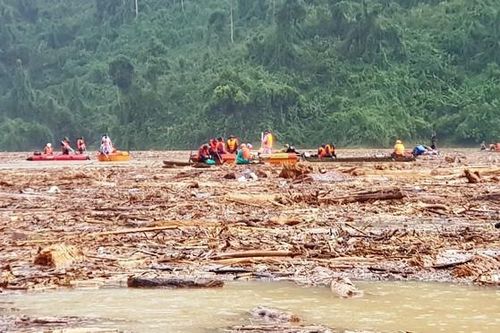 Gỗ phủ kín mặt nước trên lòng hồ thủy điện ở Quảng Nam