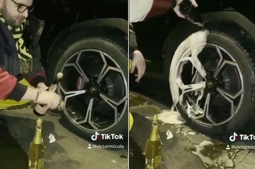 Rich Kid rửa lốp xe Lamborghini bằng rượu sâm panh đắt tiền để xem chai nào giúp xe đi sướng hơn