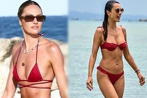 Hai thiên thần nội y đắt giá cùng diện bikini đỏ nổi bật trên biển