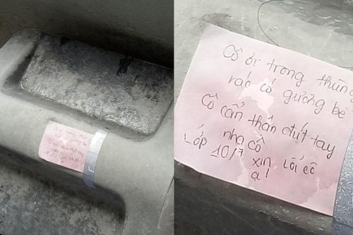 Lỡ tay làm vỡ thủy tinh, các bạn học sinh để lại lời nhắn dễ thương trên nắp thùng rác gửi cô lao công