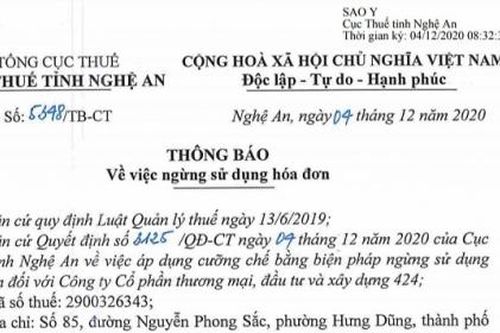 Nghệ An: Cưỡng chế hóa đơn đối với Công ty CP Thương mại đầu tư và Xây dựng 424