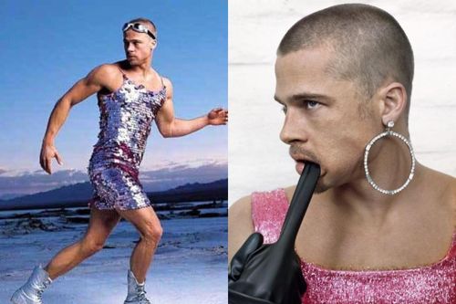 Brad Pitt từng mặc váy ôm và đeo khuyên tai chụp ảnh