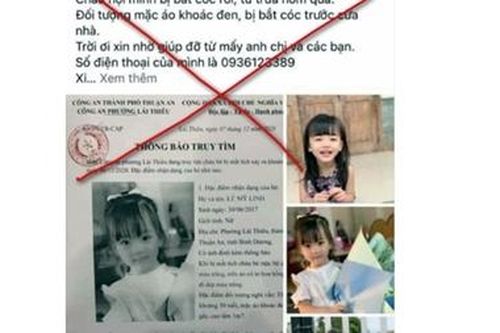 Xác minh vụ tung tin giả bé gái 3 tuổi ở Bình Dương bị bắt cóc