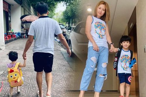 Đưa con đi học, sao Việt cũng quần đùi áo phông tuềnh toàng như ai