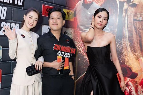 Trường Giang - Nhã Phương quấn quýt bên nhau, vô tình chạm mặt Nam Em trên thảm đỏ ra mắt 'Chị Mười Ba'