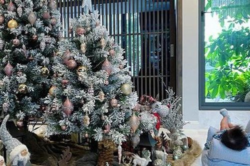 Hình ảnh cô nhóc nhà Cường Đô La nằm thảnh thơi trước cây thông Noel cực đáng yêu