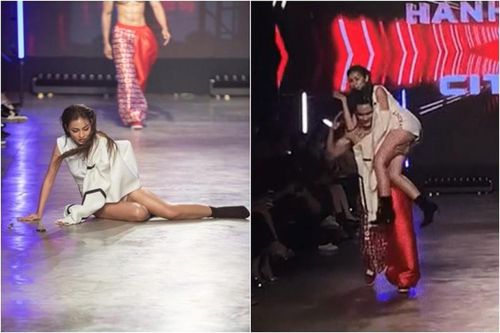 Đi catwalk ngã đau, hot girl 'bắp cần bơ' được trai đẹp cứu