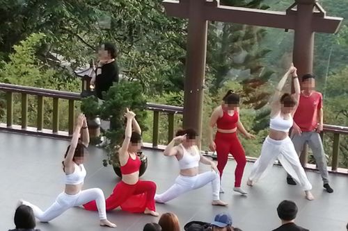 Nhóm phụ nữ mặc đồ hở, tạo dáng chụp ảnh ở chùa Linh Quy Pháp Ấn