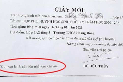Ghi giấy mời 'con cái là tài sản lớn nhất của cha mẹ', thầy giáo bị nhắc nhở
