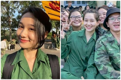 'Hot girl Mắt Biếc' lộ mặt mộc học quân sự gây chú ý