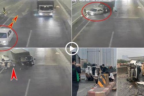 Lùi xe lên đường vành đai 3 trên cao, ô tô con bị xe tải đâm nát