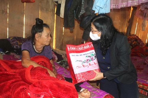 Đồng chí Giàng Thị Hoa chúc tết các gia đình chính sách và cán bộ, chiến sĩ huyện Mường Ảng