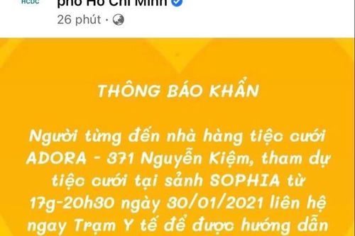 TP.HCM kêu gọi người đến nhà hàng Adora ngày 30/1 liên hệ gấp với y tế