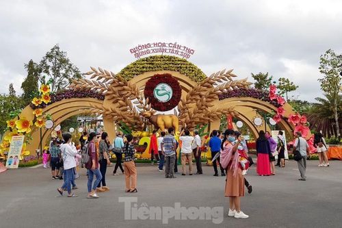 Người dân mang khẩu trang, xếp hàng chụp ảnh ở đường hoa xuân Cần Thơ
