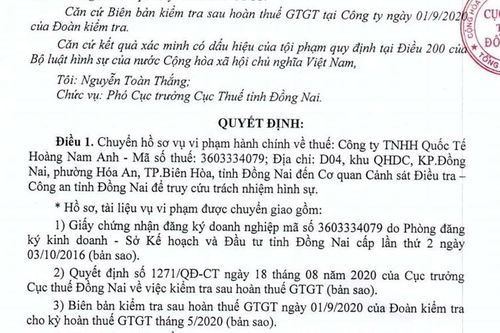 Phát hiện doanh nghiệp có dấu hiệu gian lận hàng tỷ đồng tiền hoàn thuế GTGT ở Đồng Nai