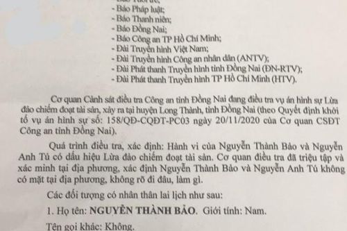 Công an tỉnh Đồng Nai kêu gọi đối tượng đến trình diện