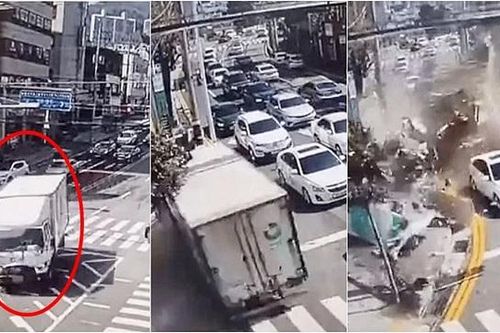 Tránh đâm hàng loạt ô tô, xe tải lao thẳng vào tòa nhà như phim hành động