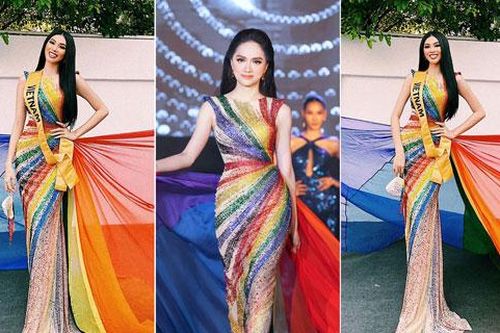 Mặc lại váy lục sắc của Hương Giang, Ngọc Thảo nổi bật tại buổi chụp hình ở Miss Grand