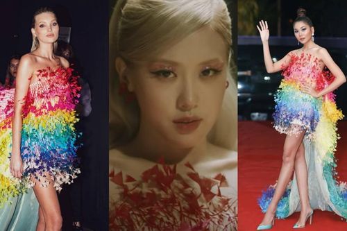 Váy 7 sắc cầu vồng của Công Trí mà Rosé diện trong 'Gone' từng được mặc bởi toàn siêu mẫu