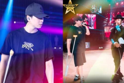 Karik gây xúc động khi chống nạng đến tập luyện cho concert Rap Việt bất chấp bị dập xương mâm, đứt dây chằng sau sự cố té sân khấu