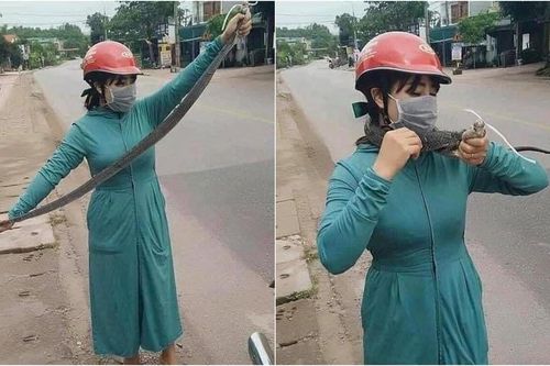 Cô nàng quấn rắn quanh cổ khiến dân mạng khiếp sợ: 'Quay xe vào chợ mua sả và lá lốt về làm chả'