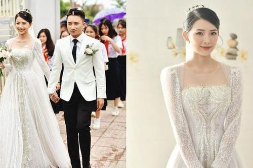 Cận cảnh bộ váy cưới đính 10.000 viên pha lê ánh bạc của vợ nhạc sĩ Phan Mạnh Quỳnh