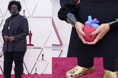 Questlove đi dép mạ vàng, Celeste Waite cầm clutch hình quả tim đỏ máu dự Oscar 2021