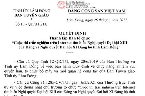 Thành lập Ban tổ chức Cuộc thi trắc nghiệm tìm hiểu Nghị quyết Đại hội Đảng