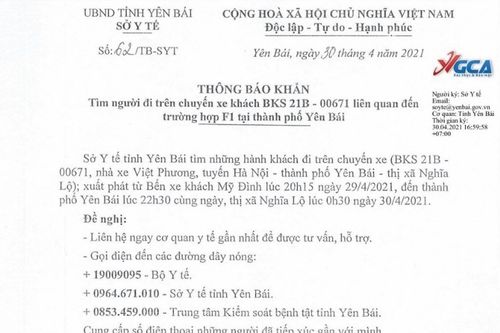 Tỉnh Yên Bái thông báo tìm người đi trên xe khách chở trường hợp F1