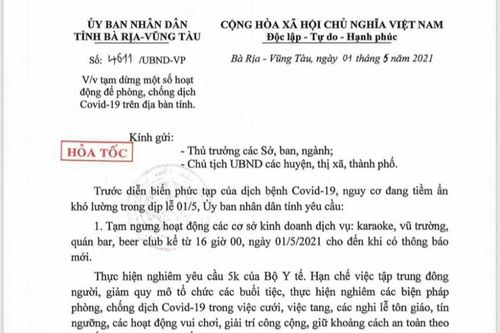 Bà Rịa - Vũng Tàu: Từ 16 giờ ngày 1/5 tạm dừng karaoke, vũ trường, quán bar, beer club để phòng, chống COVID